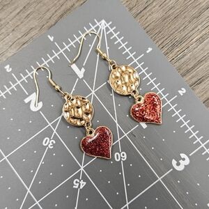 Handmade Valentine's Day Gold and Red Glitter Heart Earrings Jewelry